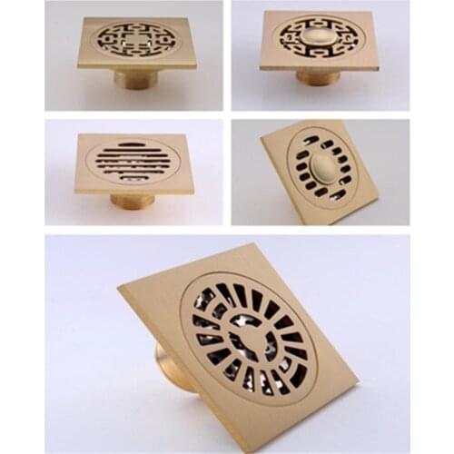 Floor Drains Brushed Gold Brass 10x10 cm Bathroom Square Shower Floor Drain Trap Waste Grate With Hair Strainer Hardware