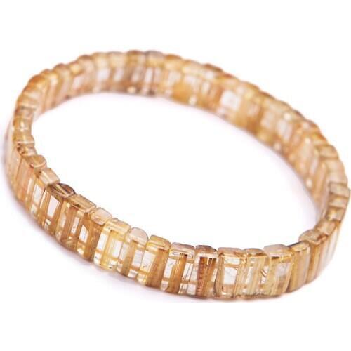 Genuine Natural Unique Brazil Golden Rutilated Quartz Crystal Rectangle Beads Fashion Power Stretch Charm Bracelet