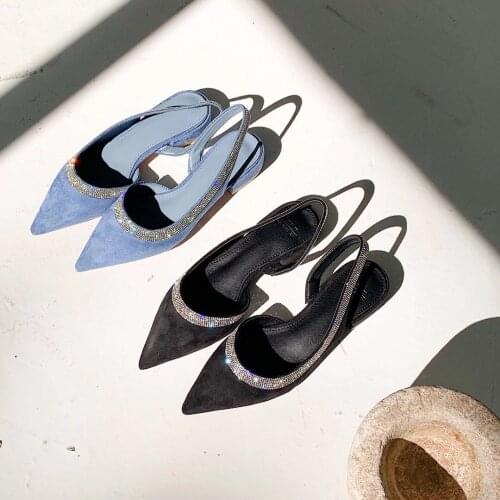 2021 Spring New Toe Cap Sandals Lady Joker Rhinestone Color Matching Suede Back Strap Pumps