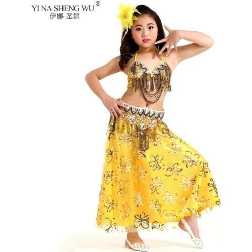 Girls Belly Dance Professional Performance Costumes 3pcs Set Belly Dance Clothing Oriental Dance Outfit Bra Belt Skirt Kids