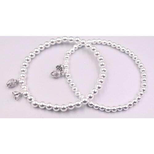Sterling S925 Silver Lucky Lotus Flower Charm with Smooth Beads Link Chain Bracelet 6.7inches