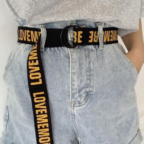 Women Men Casual Belt Canvas Letter D Ring Buckle Long Waist Strap Punk Black White Trouser Belts Female Harajuku Waistband