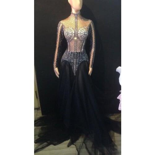 Sexy Dress Black Printed Rhinestone Long Skirt Dj Pole Dance Bodysuit Singer Performance Wears