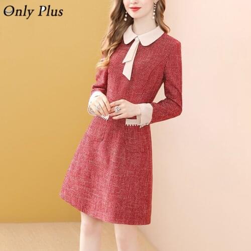 Only Plus Vintage Wine Tweed Winter Dresses Women Pocket Style Peter Pan Collar Sweet Romatic Female Dress Slim A-Line Vestidos