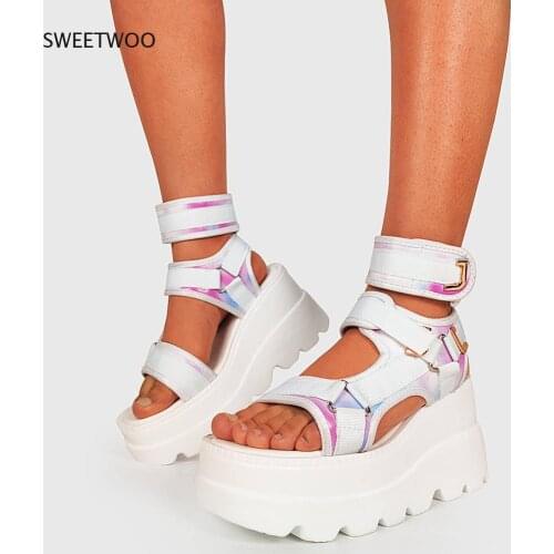 Mixed Color Buckle Platform Sandals Women Summer Hook Loop High Wedges Womens Sandals Ladies Open Toe Shoes