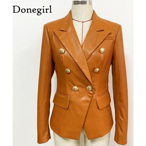 2021 Newest Fashion Designer Style Spring And Autumn Womens Double Breasted Lion Buttons Synthetic Leather Blazer Jacket Brown