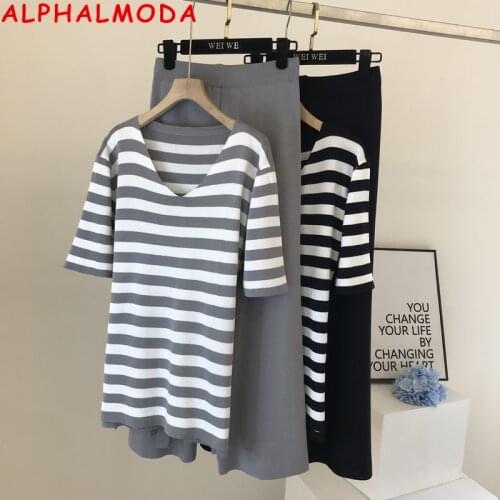 ALPHALMODA 2021 Striped Knitting Loose Sweater Wide-leg Pants Women 2pcs Sets Summer Ladies Casual Sweater Trousers Suits