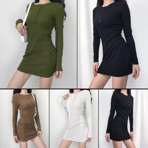 2020 Knitted Women Mini Dress With Button Streetwear Black Bodycon Grey Long Sleeve Above Knee Dresses Femme Autumn Pencil Dress