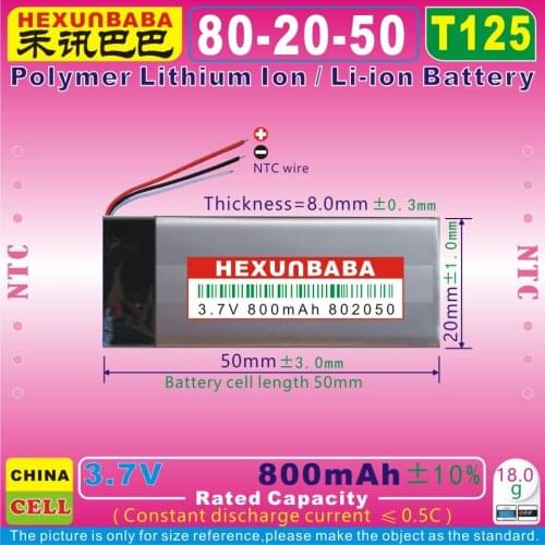 2pcs [T125] 3.7V 800mAh [802050] NTC,THREE 3 WIRE;Polymer lithium ion / Li-ion battery for speaker,mp3,mp4,BLUETOOTH earphone