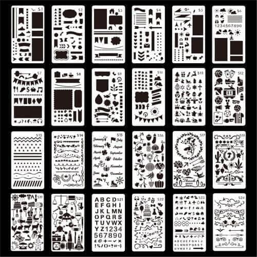 24pcs Hollow Drawing Template Journal Stencil Set A6 Plastic Planner DIY Diary Decor Craft Stationery School Office Supplies