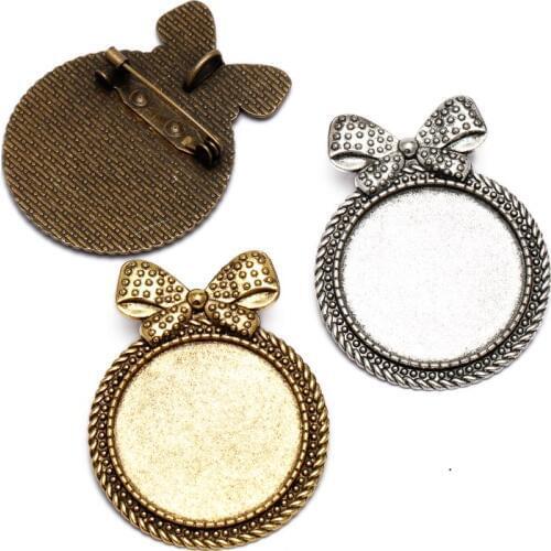 5pcs 30mm Cabochon Brooch Base blanks Bow Pendant Setting Cabochon Tray brooch needle DIY Jewelry Findings