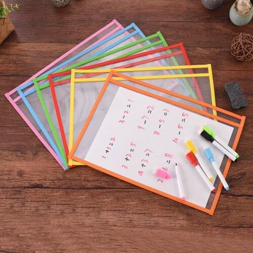 6PCS Reusable Clear PVC Dry Erase Pockets Sleeves+6PCS Pens for Office Classroom Organizers Organization Teaching Supplies Kids