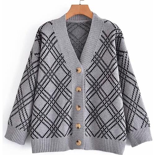 Aonibeier 2021 Za Woman Casual Traf Tops Autumn Winter Thick Button Front Drop Shoulder Loose Plaid Knit Cardigan Beige Sweaters