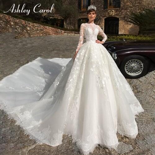 Ashley Carol Ball Gown Wedding Dress 2021 Long Sleeve O-Neck Beading Appliques Bride Lace Up Cathedral Princess Bridal Dress