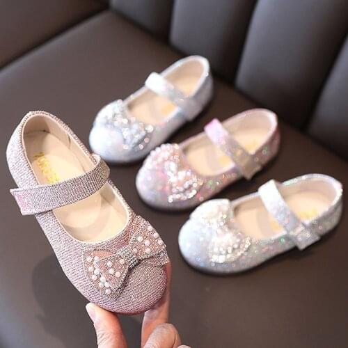 Spring Autumn Girls Shoes Pearls Single Shoes Butterfly Knot Mary Janes Bling Dance Party Shoes Crystal Kids Flats Child Toddler