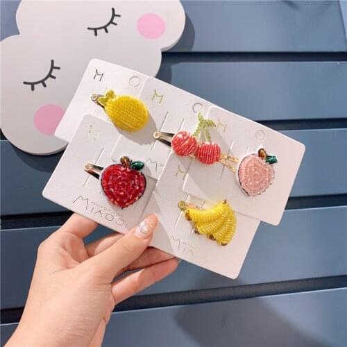 Children Hair Accessories Cute Fruit Hairpins Cartoon Apple Pear Cherry Beaded Hair Clips Girls Handmade Barrettes Kids Headwear