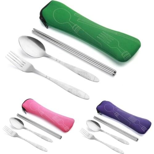 Travel Camping Tableware Portable Stainless Steel Knives Forks Chopsticks 3Pcs/Set Picnic Tool Multi Purpose Box 6 Color