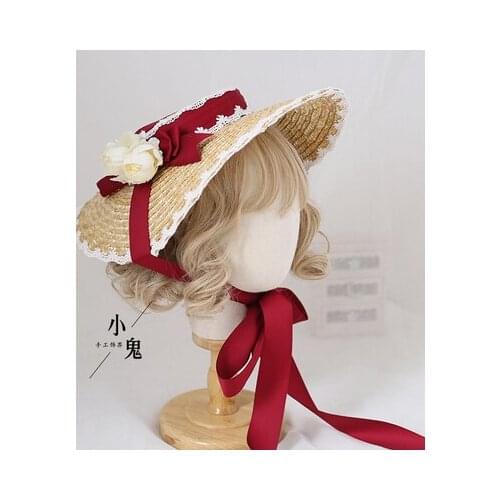 Elegant Flat Hat Handwork Hair Ornaments Cosplay Lolita Lace Cute Bowknot Flower Straw Hat Headdress Girls Flat Top Sunshade