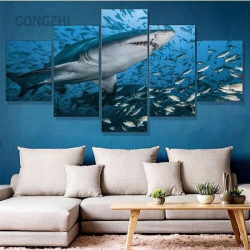Five-Piece Canvas Painting Underwater World Shark Wall Art Poster Hd Photography Modular Picture Home Decoration Living Room