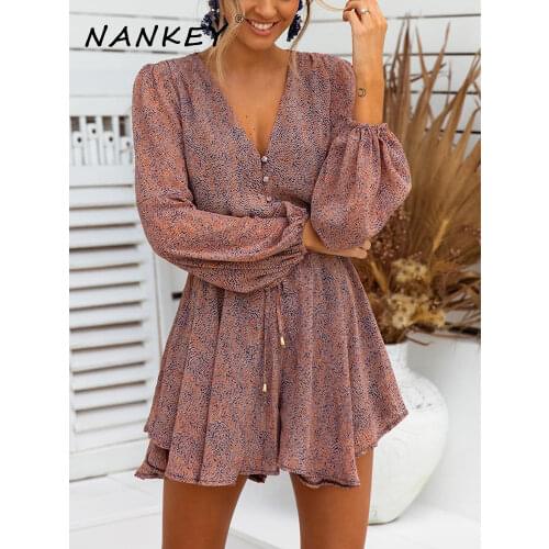NANKEY Loose Wide Leg Print Rompers Womens Jumpsuit New Spring Fashion Long Sleeve Button Romper Dress Summer Beach Chiffon