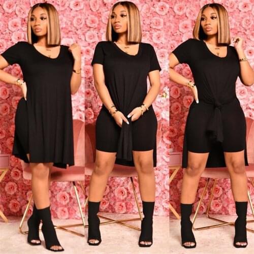 CHRONSTYLE 2 Piece Set Tracksuits Women Short Sleeve Side High Split Irregular Hem T-shirts Top Skinny Biker Shorts Outfits 2021