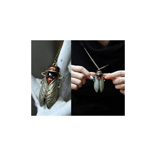 Metal Fashion New Charm Vintage Bronze Tone Metal Insect Cicada Pendant Sweater Necklace