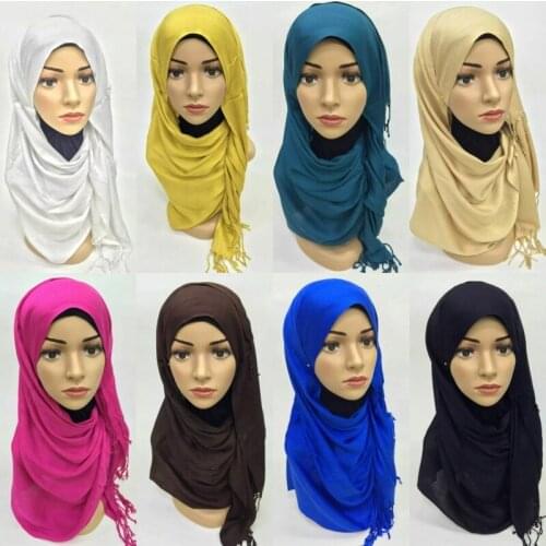 Fashion Muslim Women Soft Hijab Long Scarf Islamic Solid Color Wrapped Turban Elegant Arab Femme Tassel Shawls Dubai Headscarf
