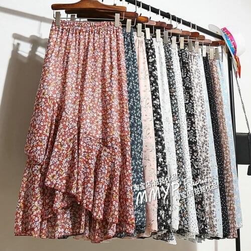 Summer New Women Midi Skirts Korean Ruffles Bohemian Skirts Ladies Holiday Polka Floral Layer Flare Beach Skirt High Waist Skirt