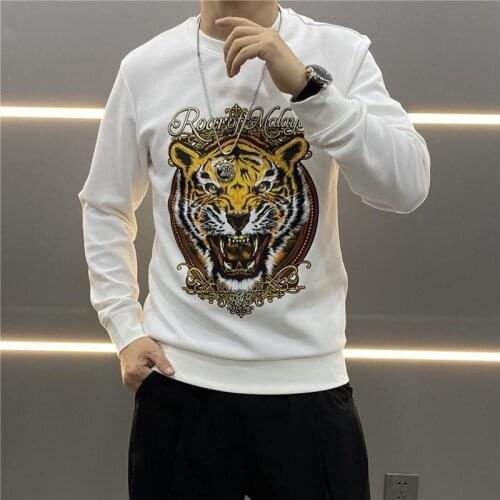 2021 Autumn European High Quality Tiger Head Hot Drilling Round Neck Hoodie Hip Hop Fashion Street Mens Slim Pullover