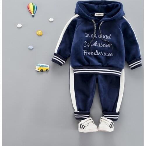 Autumn Winter Baby Girls Boys Clothing Sets Kids Casual Letter Hooded Thicken Velvet T Shirt Childrens Sports Suit Clothes