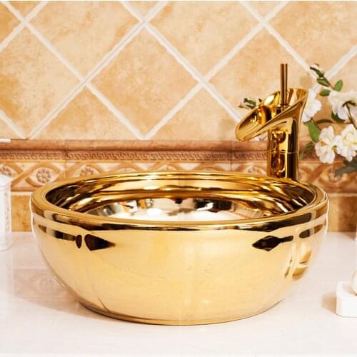 Carved Golden Wash Basin Ceramic Bathroom Basin Bathroom European Home Vessel Sinks Ceramic Above Counter Basin Wash Basin