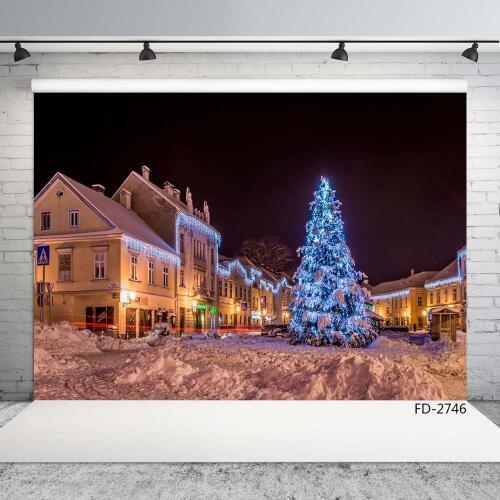 Christmas Tree Snow Night Street Photographic Backdrops Vinyl Cloth Background for Children Baby Photo Studio Photoshoot