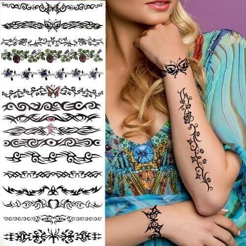 Sexy Thorns Temporary Tattoos For Women Men Black Flower Henna Scorpion Tattoo Sticker Fake Tribal Totem Chains Tatto Butterfly