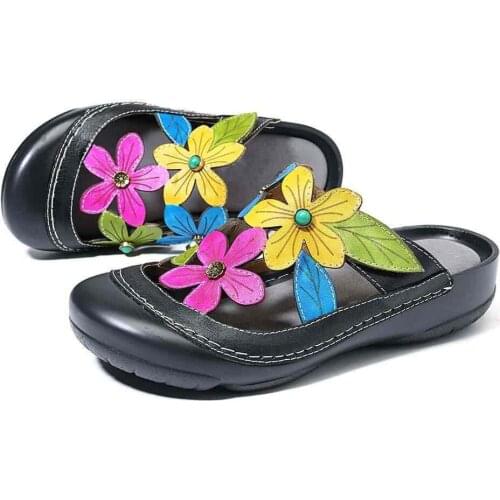 MVVJKE Flower Slippers Genuine Leather Shoes Handmade Slides Flip Flop On The Platform Clogs For Women Woman Slippers