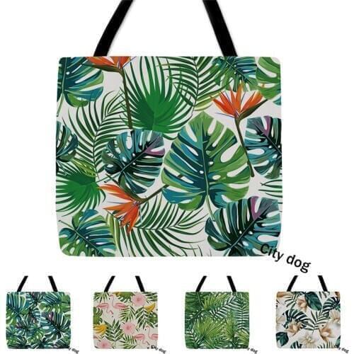 Geometric Tropical plant leaves Bags Custom Linen waterproof Print Your Design Daily Use Reusable Travel Casual Shopping Bag