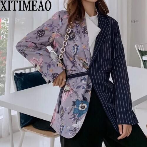 Women 2020 Fashion Office Wear Floral Print Patchwork Blazer Coat Vintage Pockets With Belt Female Outerwear Chic Tops