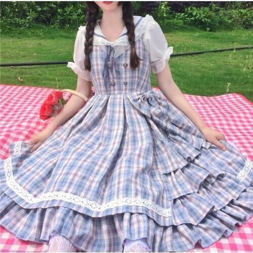 Japanese Lolita Dress daily doll collar Kawaii Girls Princess Maid Vintage slim plaid suspender dress sweet girl summer