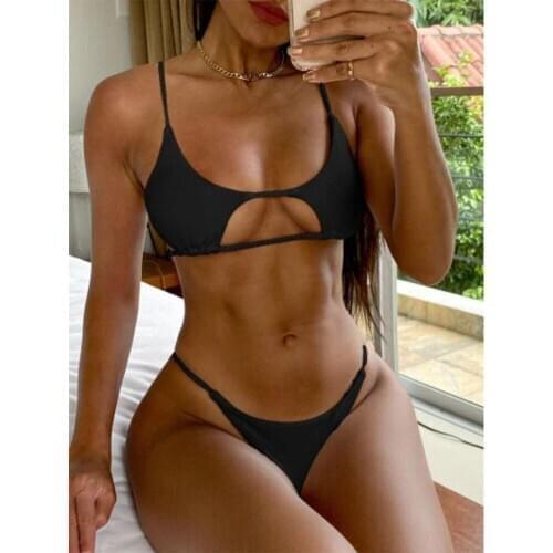 ZAFU1 Ribbed Braided Cut Out Bikini Set High Waist Swimsuit Solid Swimwear Women Sexy Push Up Bathing Suit Classic Black
