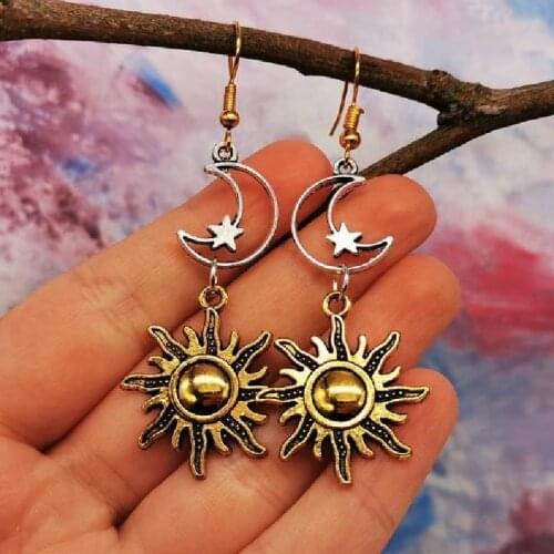 Sun and Moon Dangle Earrings Witchy Dangle Sun Goddess Accessories Celestial Boho Statement Jewelry Dangle Witch Women Gift