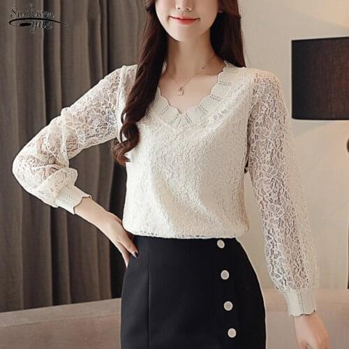 2021 Lace Long Sleeve V-neck Women Clothing New Fashion Elegant Casual Women Blouse Solid Women Tops Autumn Korean Style 5958 50