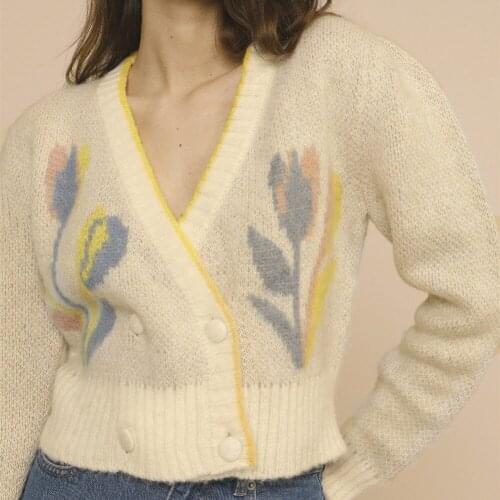 2021 Autumn Winter Women Knitted Cardigans V-neck Gradient Color Graffiti Print Single Breasted Knitwear Sweater Female Clothes