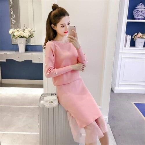 Women Sweater Tops And Skirt Suits Long Sleeve Pullovers Sweater Casual Knitted Skirts with lace Two Piece Set