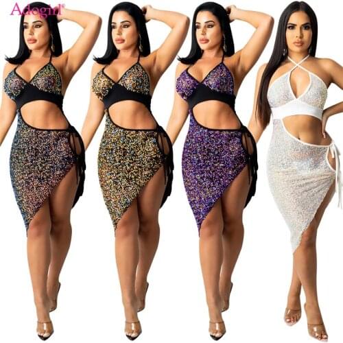 Adogirl Women Sexy Sequins Club Party Dress V Neck Lace Up Hollow Out Backless Bodycon Asymmetrical Midi Vestidos Uniforms