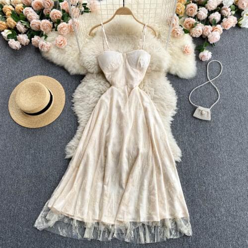 Women Elegant Birthday Party Dress New Summer Sexy Lace Mid-length Vintage Dresses Vestidos French Ladies A-line Club Dress