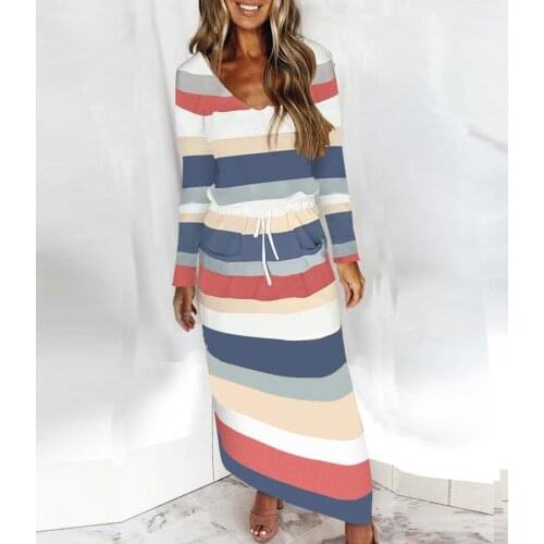 Womens Autumn Winter V-neck Loose Dress Print Stripe Long Sleeve V-Neck Cool Jumpsuit Dress Soft Breathable Long Dress