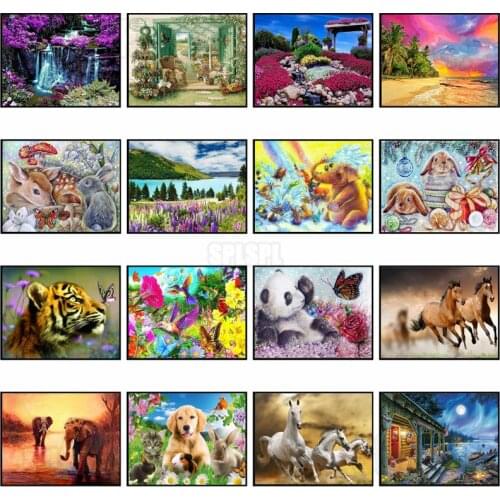 Diamond Painting Still Life Cartoon Lop-Eared Rabbit Playing with Water Elephant Color Kingfisher Butterflies Flower Pictures