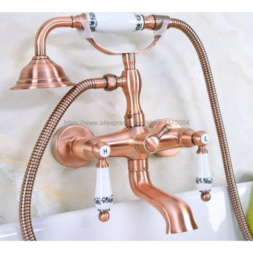 Antique Red Copper Bathroom Tub Faucet Telephone Style Bathroom Bathtub Wall Mounted With Handshower Swive Tub Spout Nna329