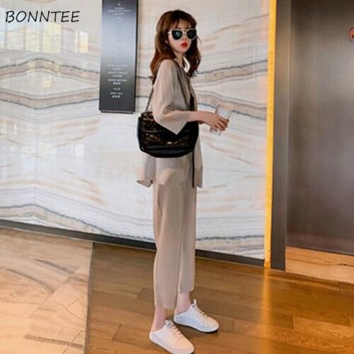 Pant Sets Women Office Ladies Solid Simple Slim Casual Spring Outfit Turn-down Collar Ankle-Length Cozy Chic Fashionable Soft