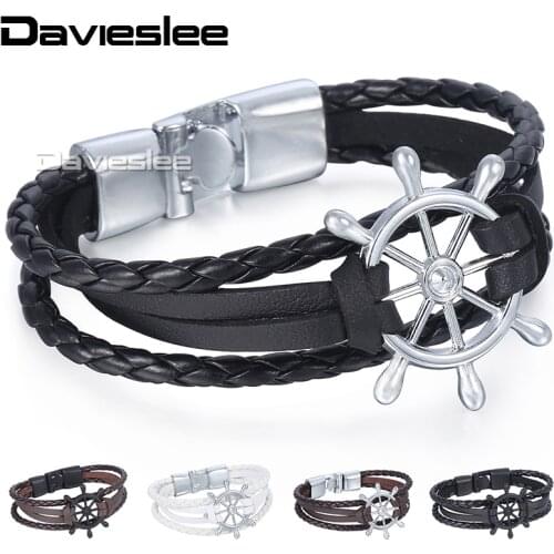Davieslee Womens Mens Chain Wheel Charm Bracelet Wristband Man-made Leather Braided Rope Link Black Silver Color 11mm LLBM113