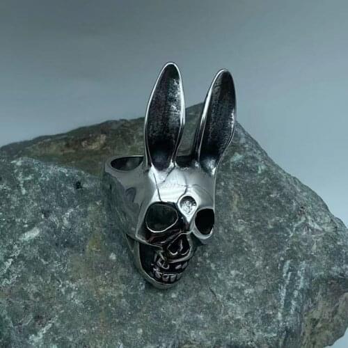Men punk skull stainless steel ring long ear rabbit skeleton titanium steel fashion biker jewelry for men